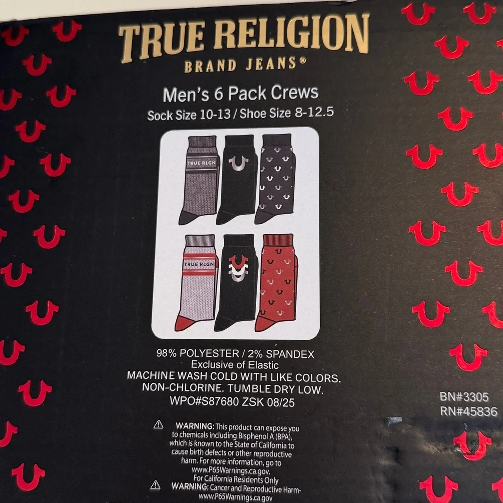True Religion 6-Pack Crew Socks with silver threads for shoe size 8-12.5 NWT